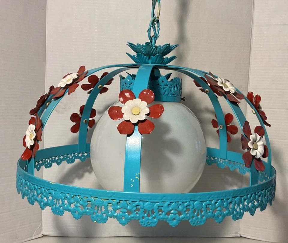 Vintage Chandelier Metal Tole Flowers Ceiling Light Swag Painted - Image 3 of 4