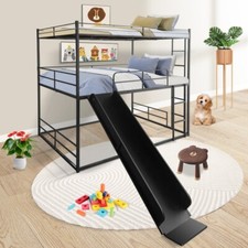 Full Size Loft Bed Metal Bunk House Bed With Slide and Ladder Bedroom Black