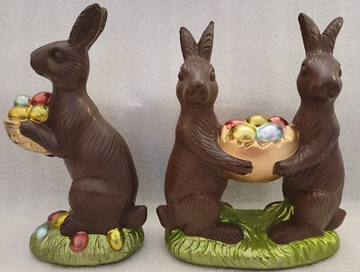 2 Pc Lot Easter Faux Chocolate Bunny Rabbit Holding Basket Eggs Figures Standing