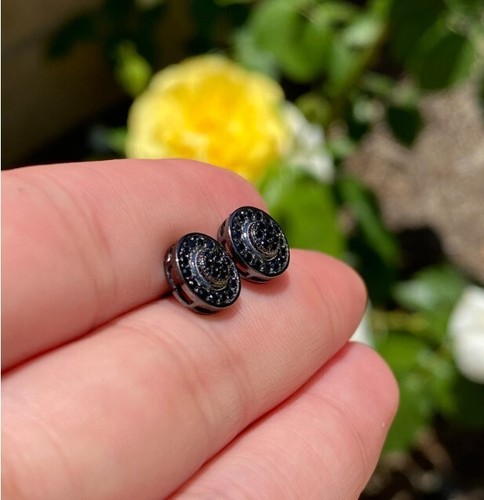 Studded Black Genuine Moissanite Men's Earring 14k Black Rhodium Plated Silver - Picture 3 of 6