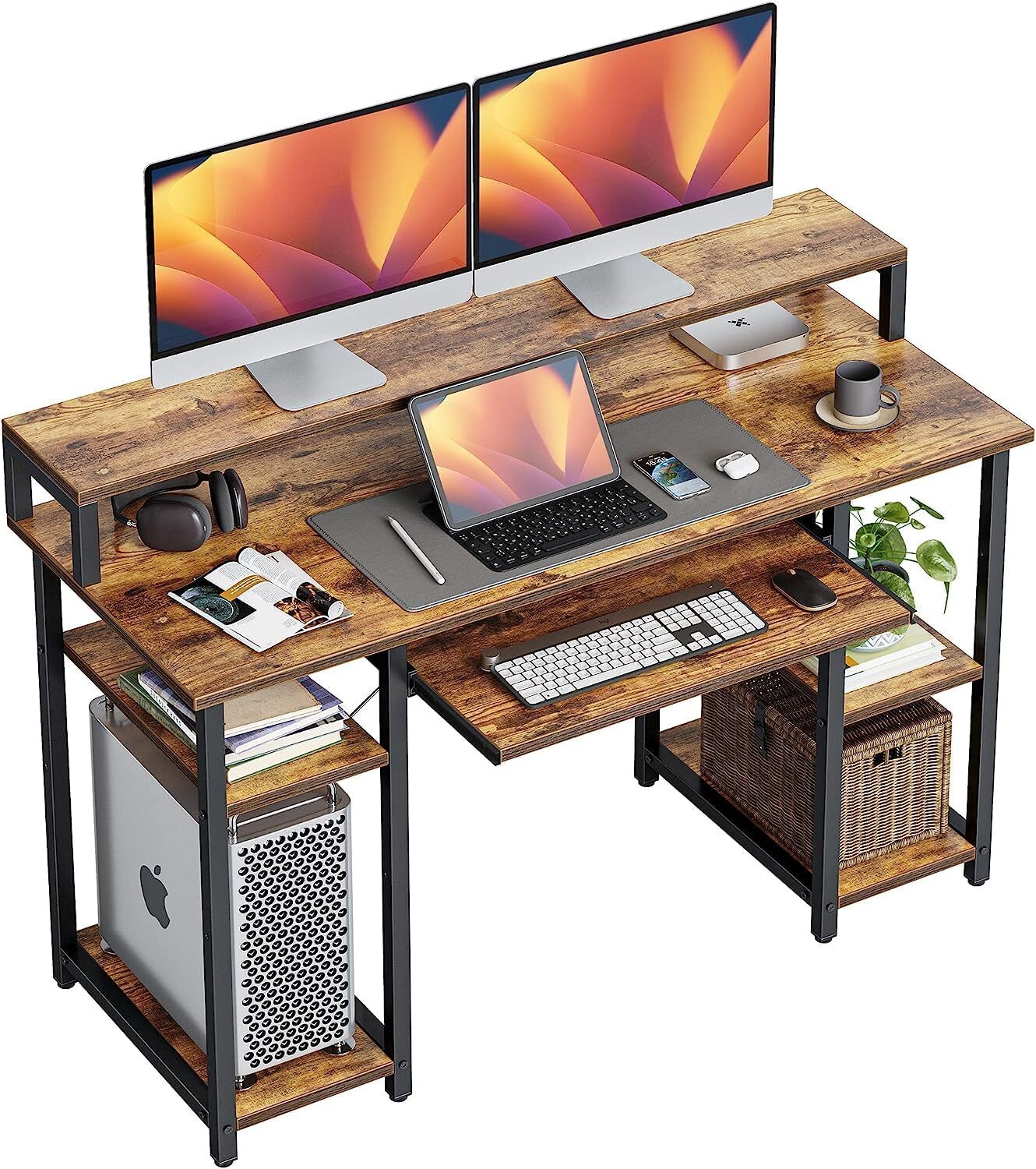 47 Inch Rustic Brown Computer Desk with Built-In Keyboard Tray for Office Use-image