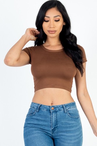 Crop top scoop neck short sleeve basic casual party stretch t-shirt poly/blend - 第 9/15 張圖片