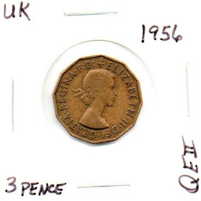 UK Great Britain Three Pence Coin 1956 Queen Elizabeth II