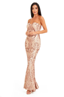 FOREVER UNIQUE Rose Gold Sequin Strapless Mermaid Long Gown Dress UK8 US4  corset