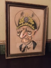 VTG WW2 U S NAVY CARICATURE PASTEL ART CHIEF COOK PICTURE Original with Frame