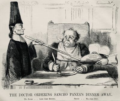 um 1849 FINANZREFORM - BESTELLUNG SANCHO PANZAS ABENDESSEN Original antiker Druck
