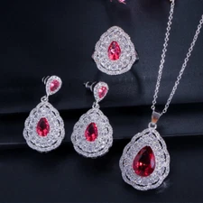 Silver Plated Red Water Drop Zirconia Pendant Necklace Earrings Ring Jewelry Set