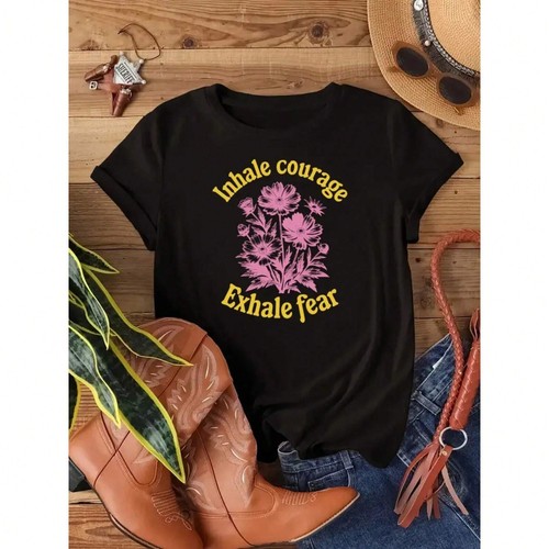 Women's Letter Floral Print T-shirt, Comfortable Short Sleeved, Summer Top - Picture 8 of 12