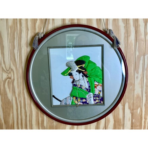 Vtg Japanese Hagoita Geisha Green Purple Kimono 3D Fabric Wall Art Frame Decor 1 - Imagen 1 de 16