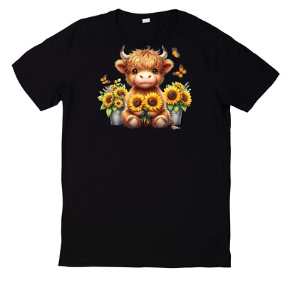 Highland Cow Sunflower Print Cotton T-Shirt