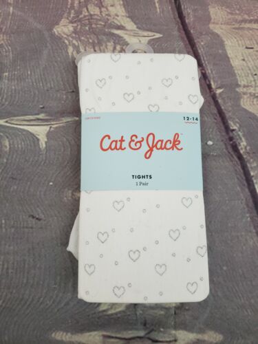 Cat & Jack Footed Tights Silver Glitter Heart Print Sz 12-14 - Picture 2 of 4