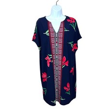 XS Chaps Blue Red Floral Geometric Dress Stretch Oversized Boho Henley Neckline