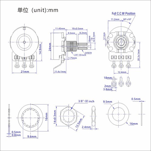 2 x Potenciómetros de Guitarra FLEOR Ollas Latón Eje Largo Tamaño Completo A/B 250/500K - Imagen 7 de 23
