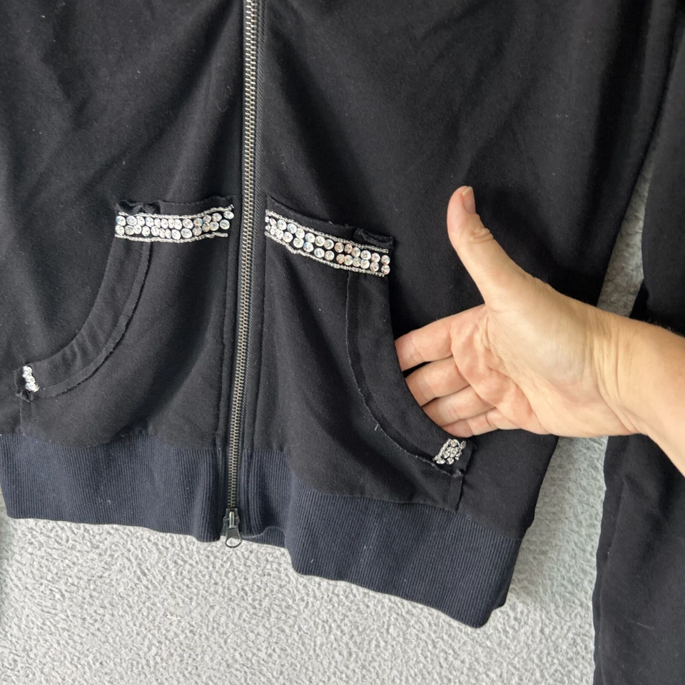 BOSTON PROPERY Y2K Bling Sudadera con Capucha Mujer Pequeña Negra Flor De Lis Estrás Chaqueta Foto 4 de 4