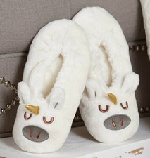 Womens UNICORN Sherpa Slippers S/M Gift Ivory White  Gold Embroidered
