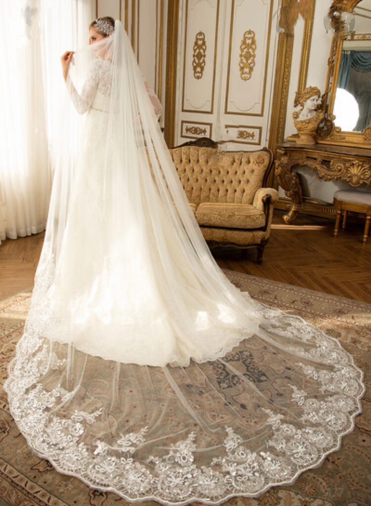 NWOT Chapel length veil lace edges w/o comb Wholesale Chapel Length Veil Floral Lace Trim Bridal Veil main image 3