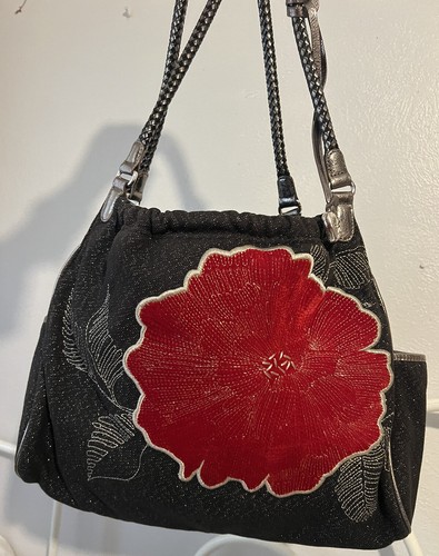 BRIGHTON LYNDEN RED FLOWER GLITTER GLAM Nylon & Leather Handbag NO COPY!