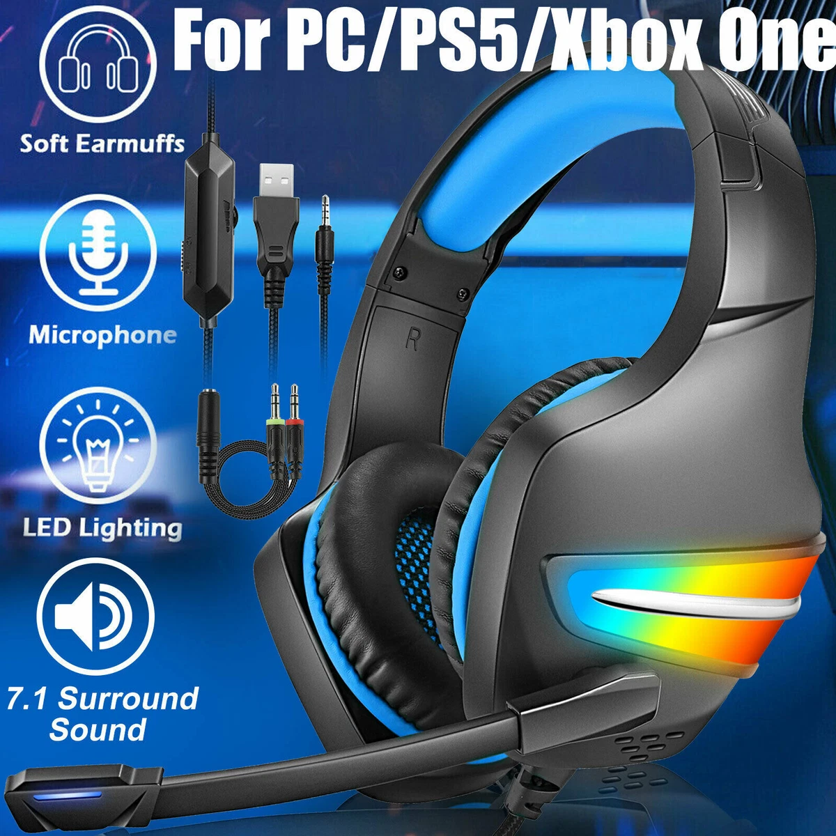 Gaming Headset PS4 Headset, Xbox Headset with 7.1 Surround Sound, Gaming  Headphones with Noise Cancelling Flexible Mic RGB Light Memory Earmuffs for