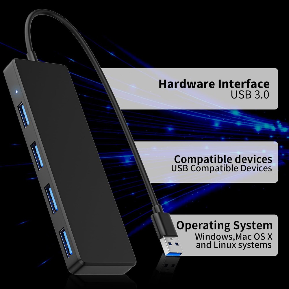 4-Port USB 3.0 Hub for Laptop Xbox Printer Flash Drive Expansion  
