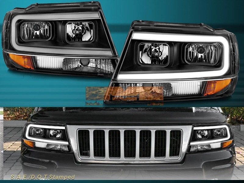 FITS FOR 1999-2004 JEEP GRAND CHEROKEE HEADLIGHTS BLACK LED BAR