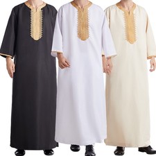 Men Muslim Clothing Islamic Embroidery Saudi Arab Long Kaftan Thobe Robe Eid