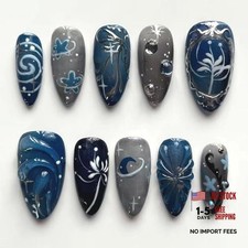 24Pcs French Tip Press on Nails - Medium Almond Fake Nails with Dark Blue Ripple