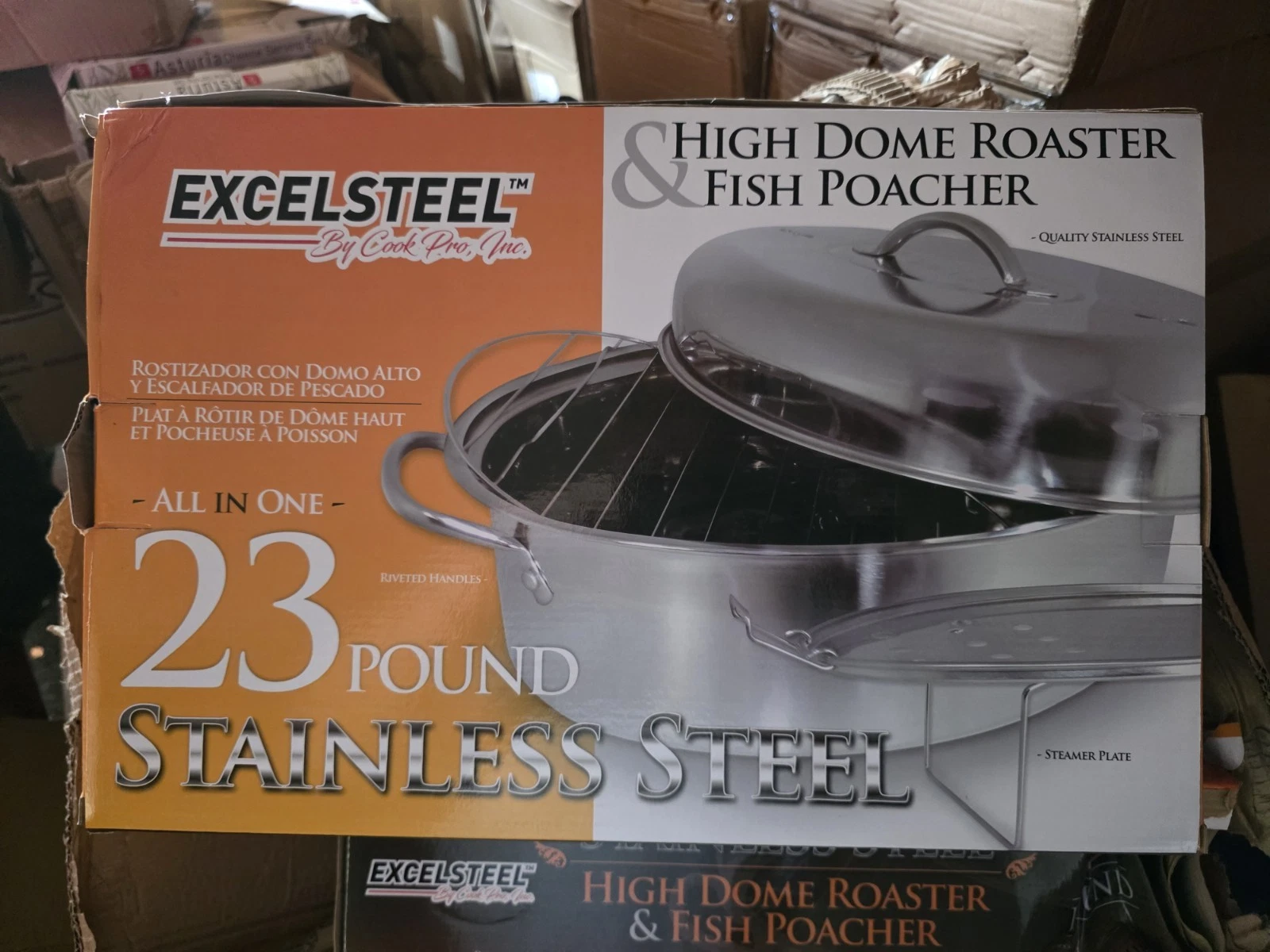 ExcelSteel Stainless Steel High Dome Roaster Fish Poacher 23 lb w/ Steamer Plate