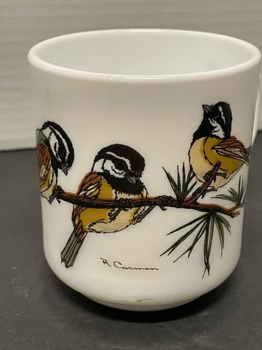VTG Arcopal France R. Carrion Bird Mug Chickadee Milk Glass Cup Mid-Century