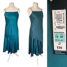 M&S Strappy Satin Flippy Midi Dress UK 14 Blue Green Wedding Party New £55