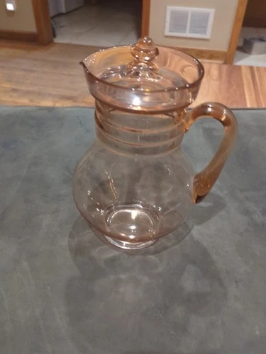 Pink Depression Ribbed Glass Lidded Pitcher, Jug 9. 5 "