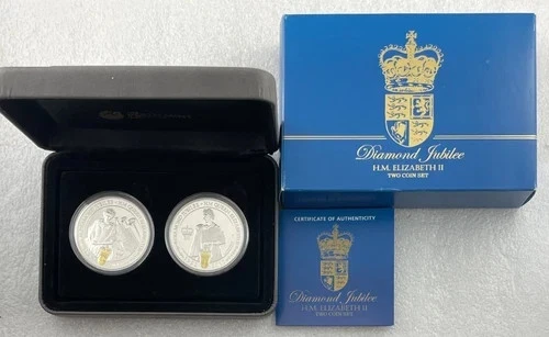 2012 Diamond Jubilee QEII Gilded 999 Silver Proof Two Coin Perth Mint Set. Rare