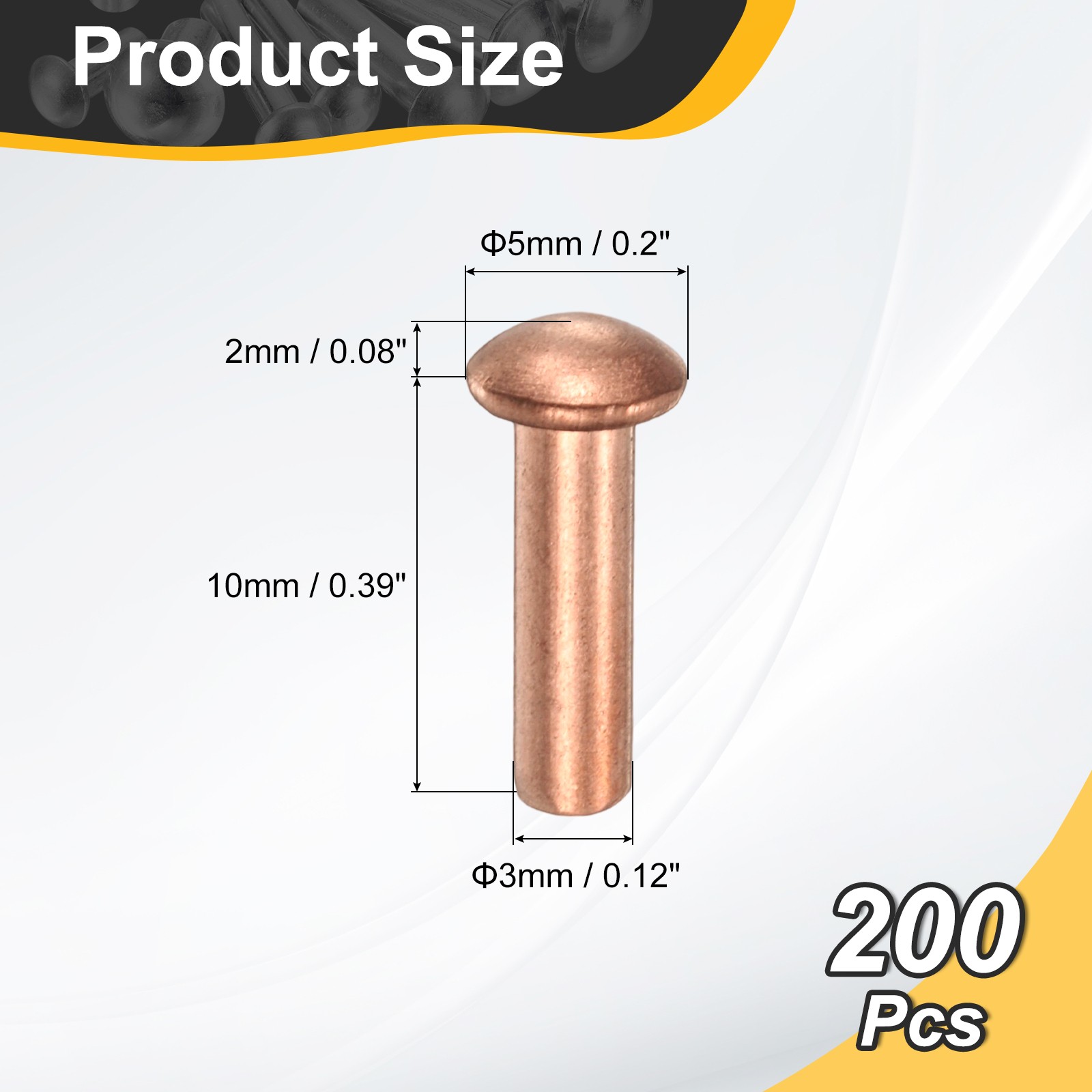 200 Pcs Copper Solid Rivets, 0.12"x0.39" Half Round Head Rivet Metal Fasteners