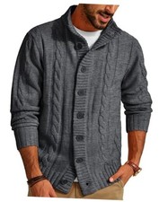 Men's Cardigan Sweaters Stand Collar Long Sleeve Cable Knit Small Dark Grey