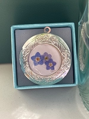 Forget-Me-Knot Locket with Dandelion Seed Inside Bridal Bouquet Mourning Jewelry