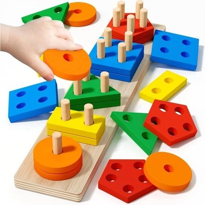 Wooden Montessori Educational Sorting and Stacking Toy - Learn Color and Shape 