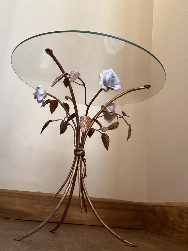 Mesa auxiliar vintage Hollywood Regency oro rosa metal dorado vidrio italiana victoriana Foto 3 de 4