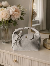 Light Beige Italian Leather Mini Top Handle Bag, Cream Crossbody Purse