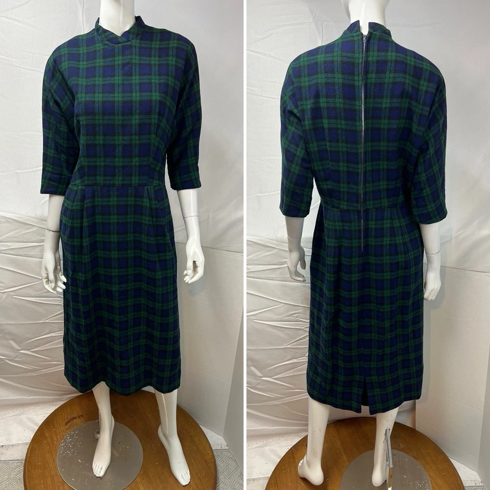 Vestido midi vintage Lord & Taylor años 50 60 para mujer azul verde tartán lana a cuadros 18 Foto 3 de 4