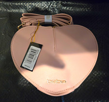 bebe Pink Heart Crossbody Bag, Zip Closure, Gold Hardware, Detachable Strap