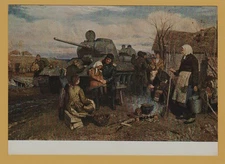 “In the Liberated Village” WWII Soviet Art Postcard 1955 USSR T-34 Tank WAR