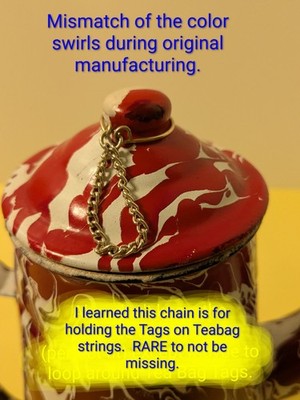 Vintage Granite Ware Teapot Graniteware Bright Red WITH THE RARE? TEABAG CHAIN.