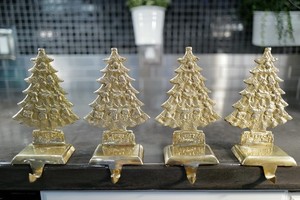 Solid Brass Christmas Tree Stocking Holders Set Of 4 Heavy Holiday Mantel Decor