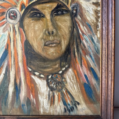Pintura al óleo vintage retrato jefe nativo americano firmado enmarcado 23,5x21,5 - Imagen 3 de 9