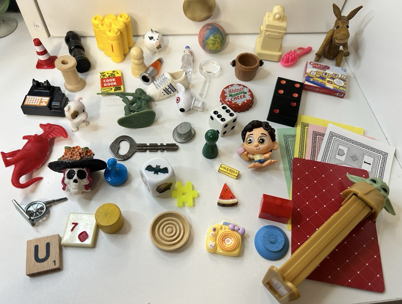 Trinket and Game Pieces Lot - Cards, Dice, Figures, Novelty
