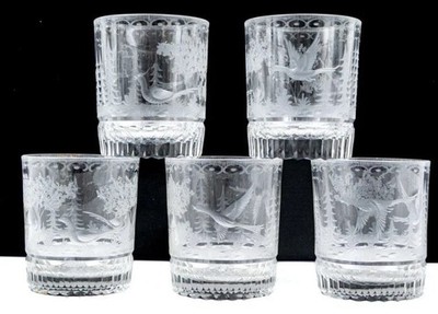 Bohemian Copper Wheel Engraved Crystal Tumblers - 5 Game Birds Hunt Scene