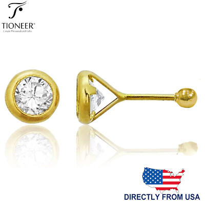 14K Gold Bezel Round Square Heart Cubic Zirconia Screw Back Stud Earrings 3-6mm