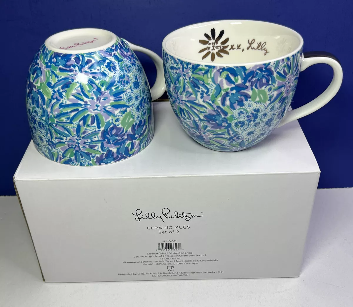 Lilly Pulitzer Ceramic Mugs Set of 2 Blue Floral Gold Trim NEW in