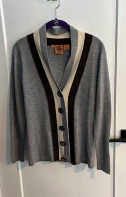 Tory Burch Cardigan 100% Wool Grey Chimney Melange Colorblock Stripe Gray XS EUC