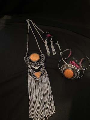 Paparazzi Silver/Orange Crackle Stone Necklace & Cuff ...