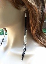 NATIVE STYLE HANDCRAFTED BLACK SILVER LONG STATEMENT HOOK EARRINGS 8 INCH 53/31